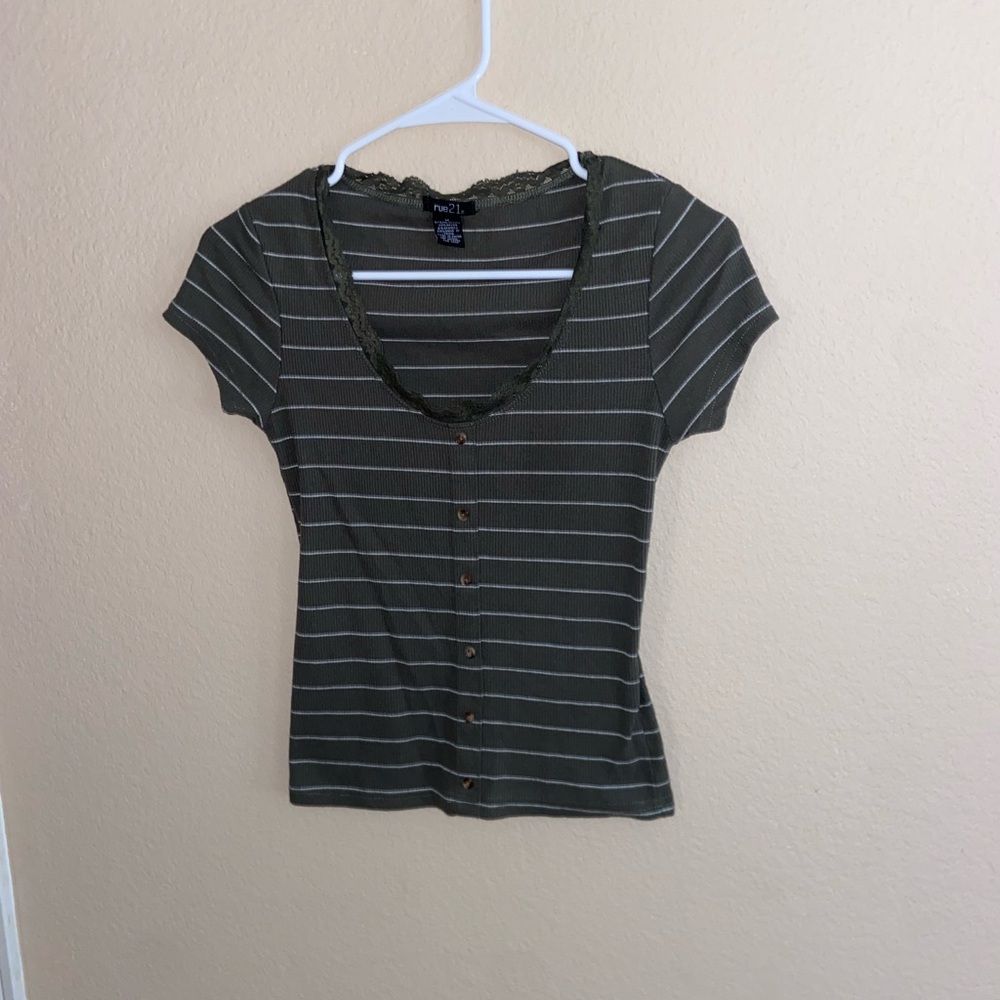 striped green baby tee y2k ruffled crew neck top short sleeve blouse girly shirt
